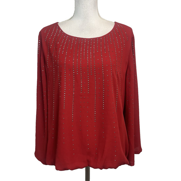 Alfani Blouse Tunic size Large Red Sheer Silver Studs Wedding Cocktail Evening - Picture 1 of 8